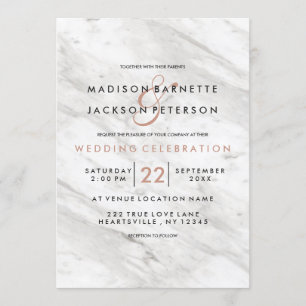 Marbre blanc Rose Gold Modern Wedding Invitations