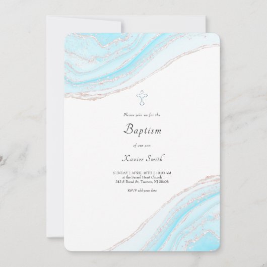 marbre bleu pastel Baptême bébé garçon Invitation (Devant)