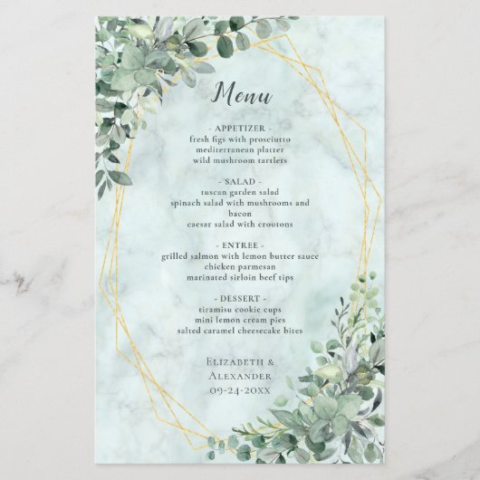 Marbre Eucalyptus Vert Élégant Menu Mariage (Devant)