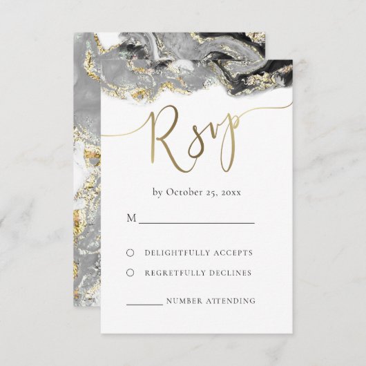marbre fluide or noir mariage RSVP (Devant / Derrière)