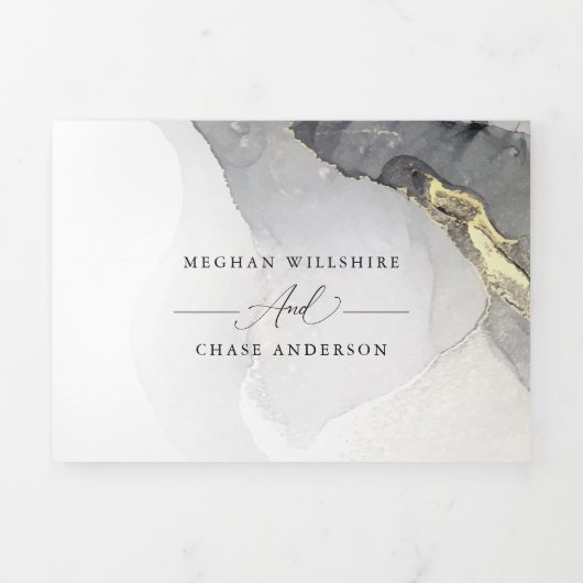 Marbre mariage Noir Or Encre d'alcool Tri-Fold (Page de couverture)