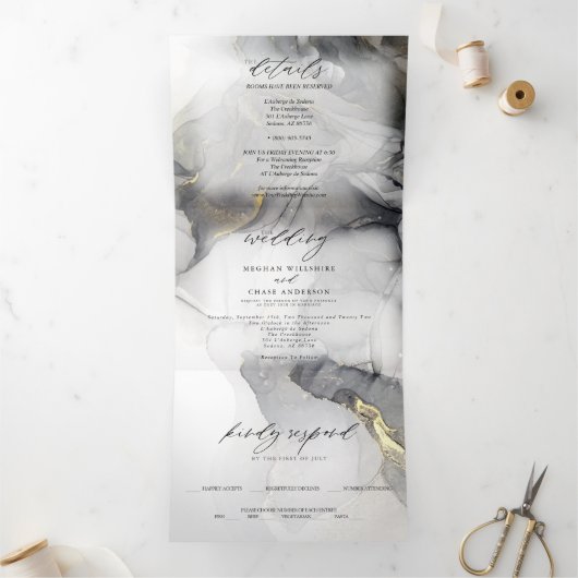 Marbre mariage Noir Or Encre d'alcool Tri-Fold (Intérieur)