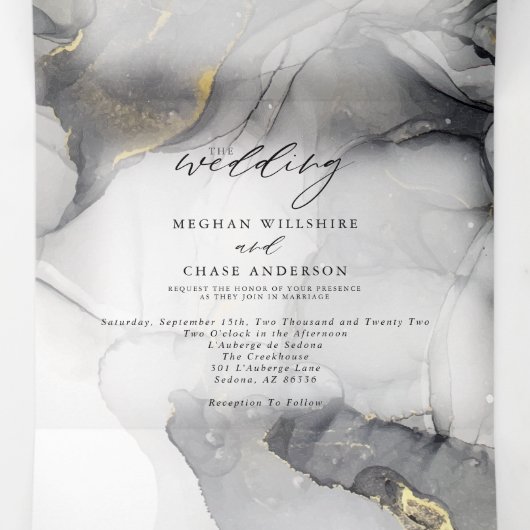 Marbre mariage Noir Or Encre d'alcool Tri-Fold (Intérieur au milieu)