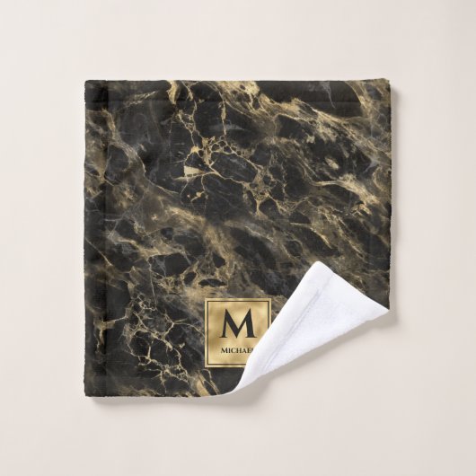 Marbre noir et or Monogramme Élégant Luxe (Gant de toilette)
