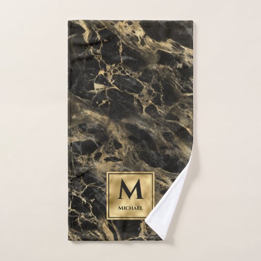 Marbre noir et or Monogramme Élégant Luxe (Serviette à main)
