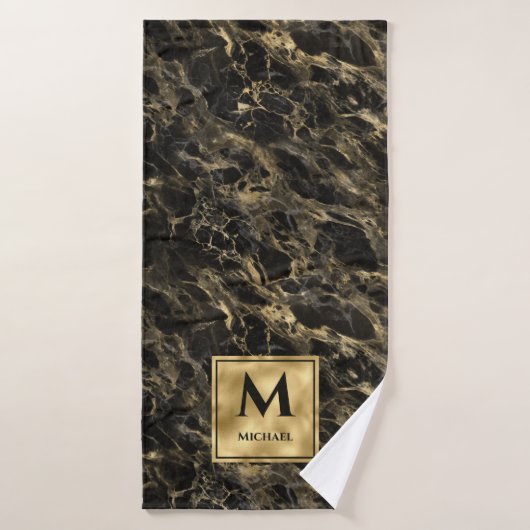 Marbre noir et or Monogramme Élégant Luxe (Serviette de bain)