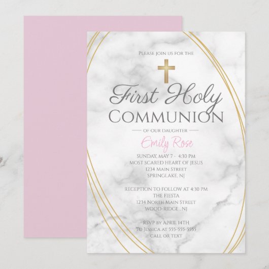 Marbre Premier Invitations De Communion Pour Fille (Devant / Derrière)