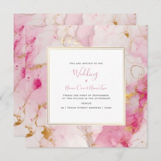 Marbre rose et or effet, faire-part de mariage (Devant / Derrière)