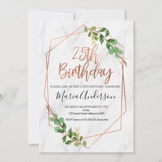 Marbre Rose Gold Foliage 25e invitation anniversai (Devant)
