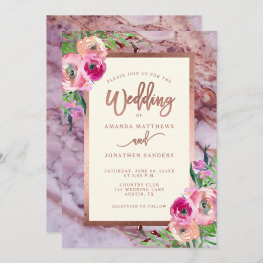 Marbre rose or Rose Faire-part de mariage floral (Devant / Derrière)