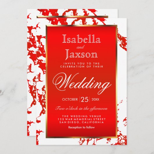 Marbre rouge vif, invitation dorée et blanche (Devant / Derrière)