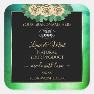 Marbre vert Turquoise Floral Noir Logo Étiquette