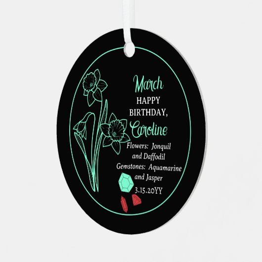 March Daffodil | Aquamarijn Verjaardag Keepsake Metalen Ornament (Voorkant links)