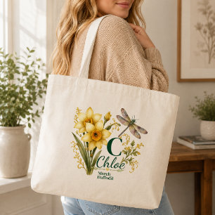 March Geboortebloem Narcis Monogram Libel Tot Tote Bag