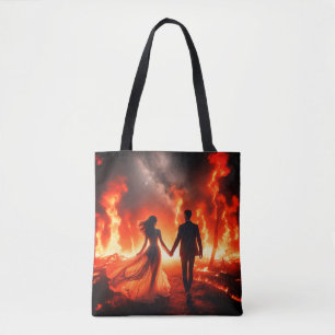 Marcher à travers le feu sur un sac réutilisable