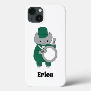 Marching Band Drummer Cat Green White Personaliser iPhone 13 Hoesje