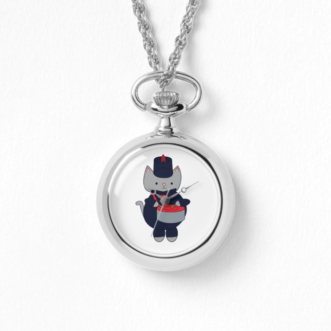 Marching Band Drummer Cat Navy Blue Red Horloge (Voorkant)