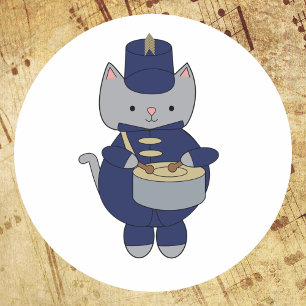 Marching Band Kat Drum Navyblauw Goud Ronde Sticker