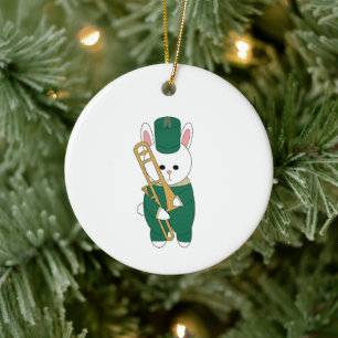 Marching Bunny Trombone Groen Goud Aanpassen Keramisch Ornament