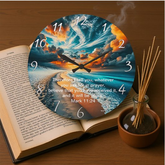 Marcus 11:24 Kruis Zonsondergang Oceaan Geloof Grote Klok