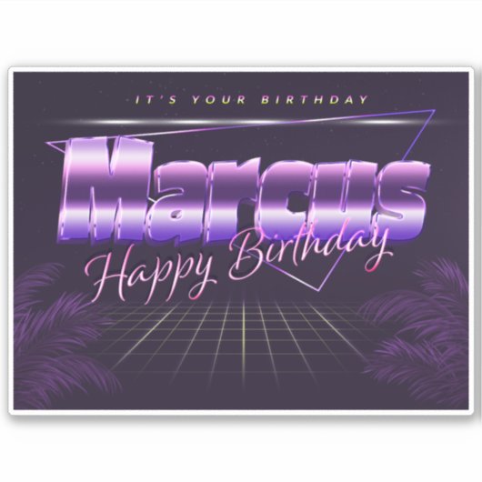 Marcus prénom sticker rétro lilas anniversaire (Devant)