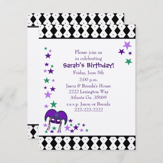 Mardi Gra Thème Anniversaire fête Invitation (Devant / Derrière)
