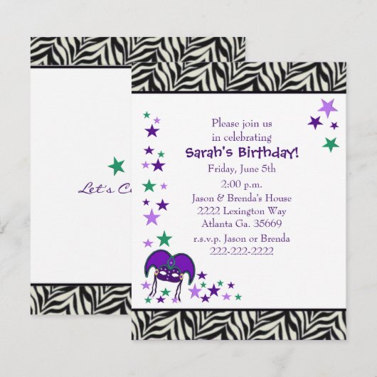 Mardi Gra Thème Anniversaire Invitation (Devant / Derrière)