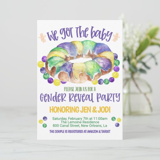 Mardi Gras Baby Geslacht onthulling uitnodiging (Staand voorkant)