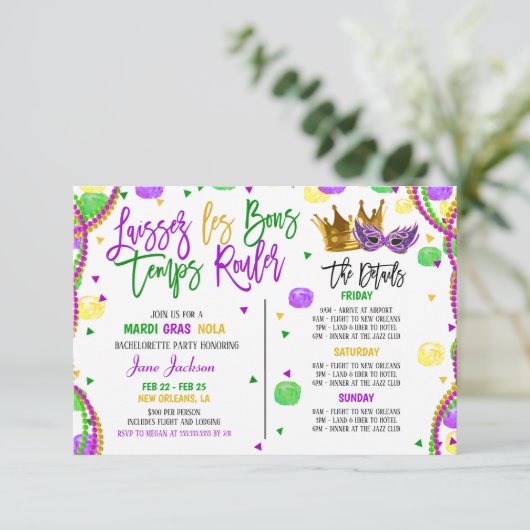 Mardi Gras Bachelorette Invitation du week-end (Debout devant)
