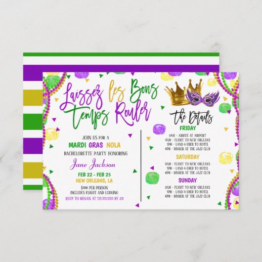 Mardi Gras Bachelorette Invitation du week-end (Devant / Derrière)