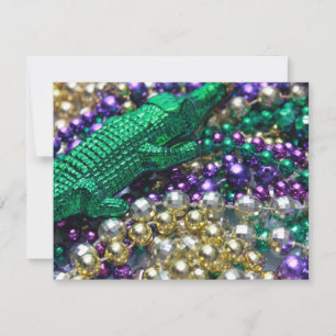 Mardi Gras Beads & Green Gator Invitations Kaart