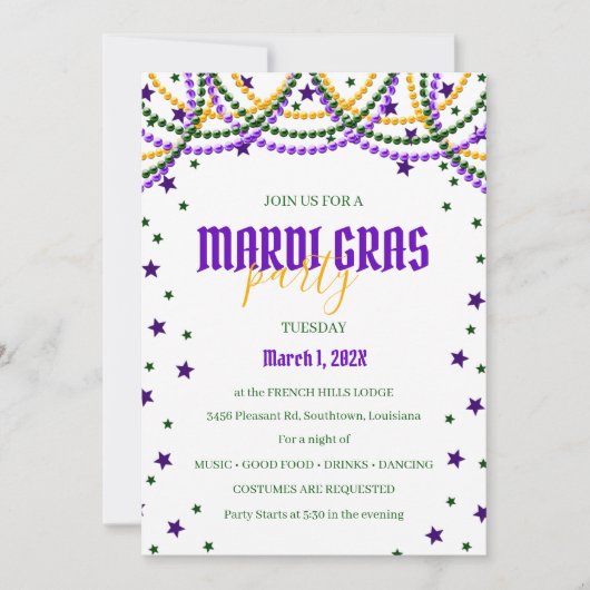 Mardi Gras Beads & Stars Invitation De Fête (Devant)