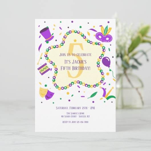 Mardi Gras Birthday Party Invitation Kaart (Staand voorkant)