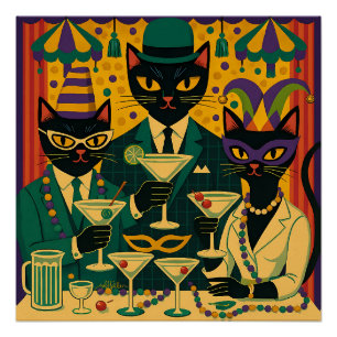 Mardi Gras Black Cat Martini Club Trio Perfect Poster