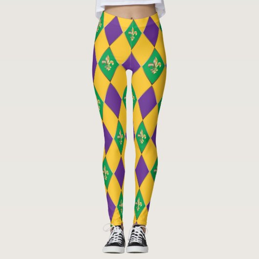 Mardi Gras Carnival Fleur de Lis Diamond Harlequin Leggings (Voorkant)