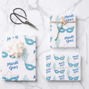 Mardi Gras Celebration Blue maskers Feathers Inpakpapier Vel