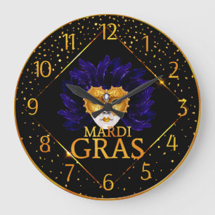 Mardi Gras Clock, Blue Feather Mardi Gras Mask Grote Klok
