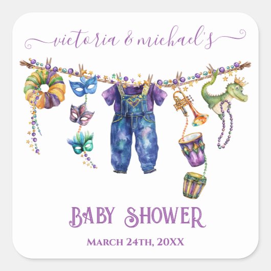 Mardi Gras Clothesline boy Baby shower Vierkante Sticker (Voorkant)