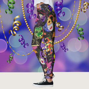 Mardi Gras Colorful Feather Mask op Black Leggings