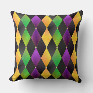 Mardi Gras Colors Diamond Harlequin Argyle - Zwart Kussen