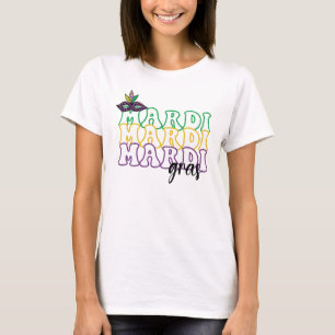 Mardi Gras die tekstkleurrijk grafisch masker herh T-shirt