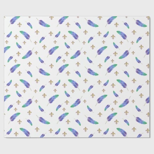 Mardi Gras Feathers en Fleur de Lis Pattern Cadeaupapier (Vlak)