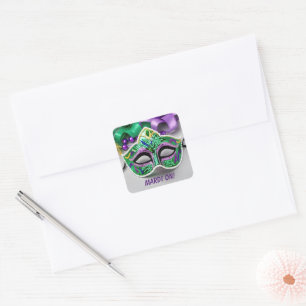 Mardi Gras Feestmasker en kralen Vierkante Sticker