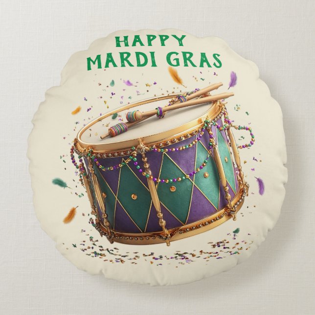 Mardi Gras Festive Drum Rond Kussen (Voorkant)