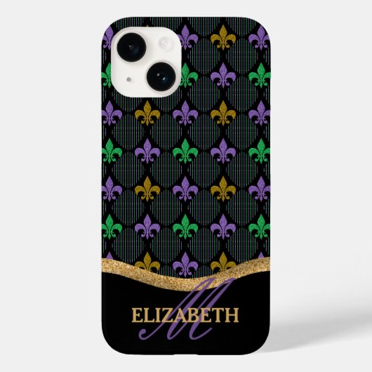 Mardi Gras Fleur De Lis Faux Glitter Monogram Case-Mate iPhone Case (Achterkant)