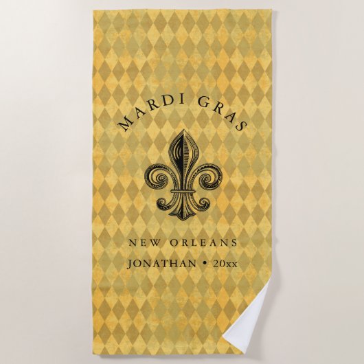 Mardi Gras Fleur-de-lis Harlequin Naam toevoegen & Strandlaken (Voorkant)