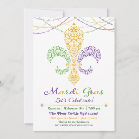 Mardi Gras Fleur DeLis Party Invitation Kaart (Voorkant)