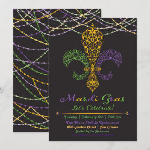 Mardi Gras Fleur DeLis Party Invitation on Black Kaart