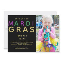 Mardi Gras Foto Uitnodiging - Modern Paars Groen
