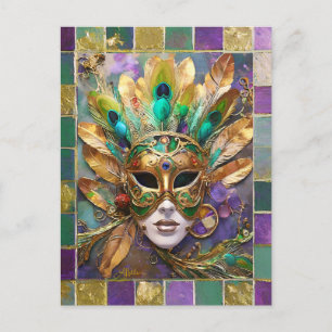 Mardi Gras Goud en Groen Pauw Veer Masker Briefkaart